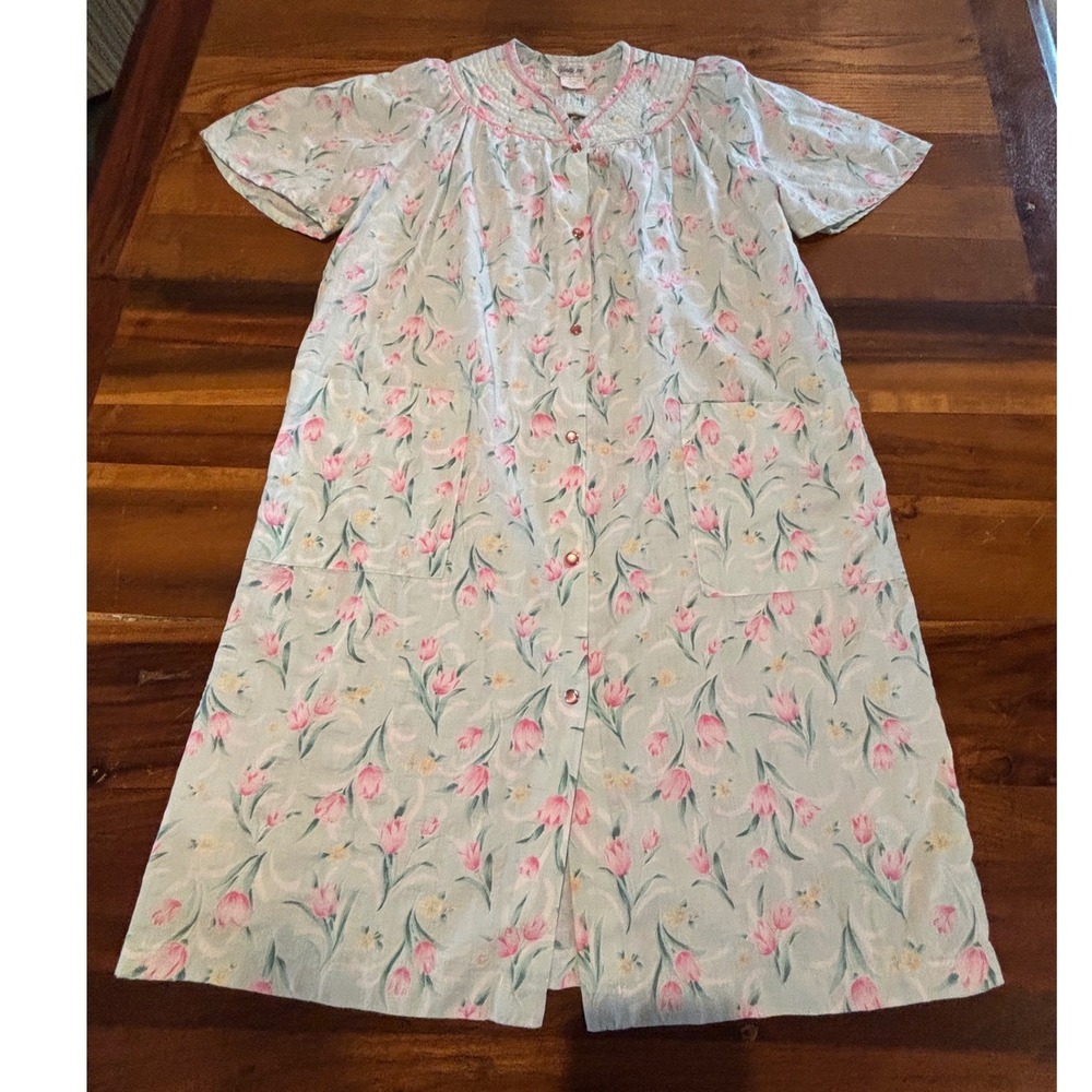 Vanity Fair Womens Floral House Dress Pink Tulip Button Front Duster Mint Small